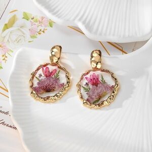 Pressed Pink Chrysanthemum Flower Earrings, Gold Tone Resin Floral Botanical